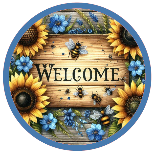 Sunflowers, bees, and 'WELCOME' text on a wooden background.