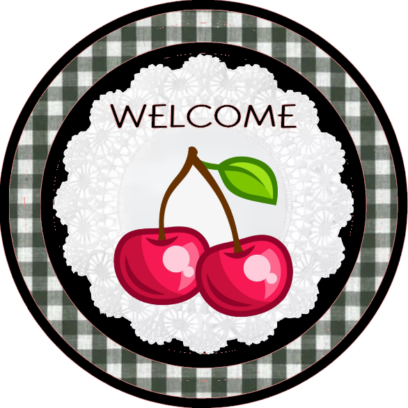 Welcome sign with cherries and checkered border