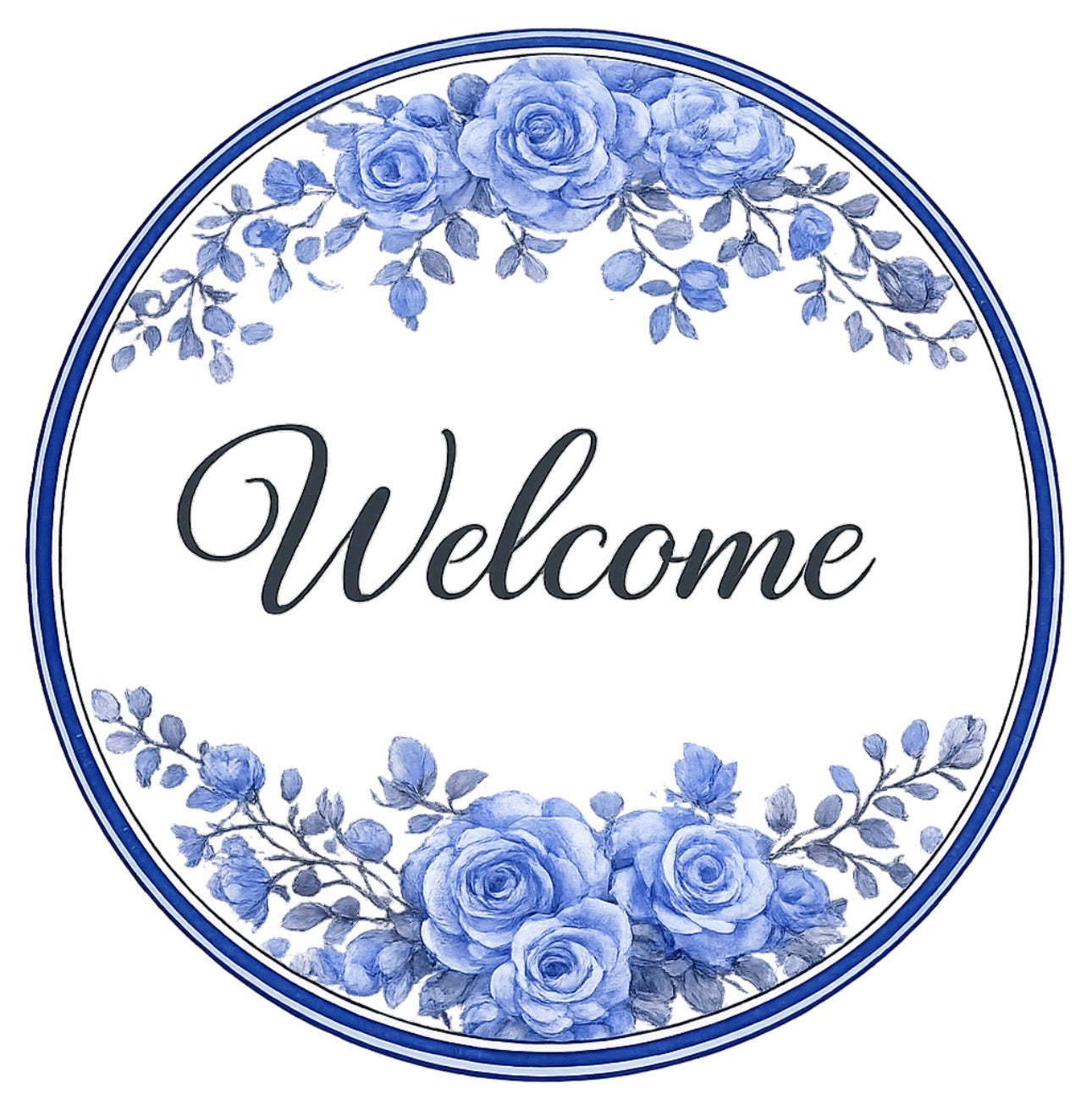 Round metal wreath sign by Monkey's Creations featuring a white background with black "welcome" text and light blue chinoiserie style roses and a border