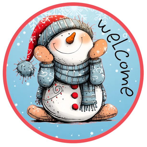 Cartoon snowman with a red hat and blue scarf on a round blue background with 'Welcome' text.