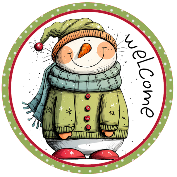 Cartoon snowman with a green hat and scarf, wearing a green sweater with red buttons, on a white background with 'welcome' text.