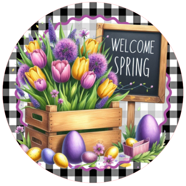 Spring-themed design featuring flowers, eggs, and a chalkboard with welcome spring