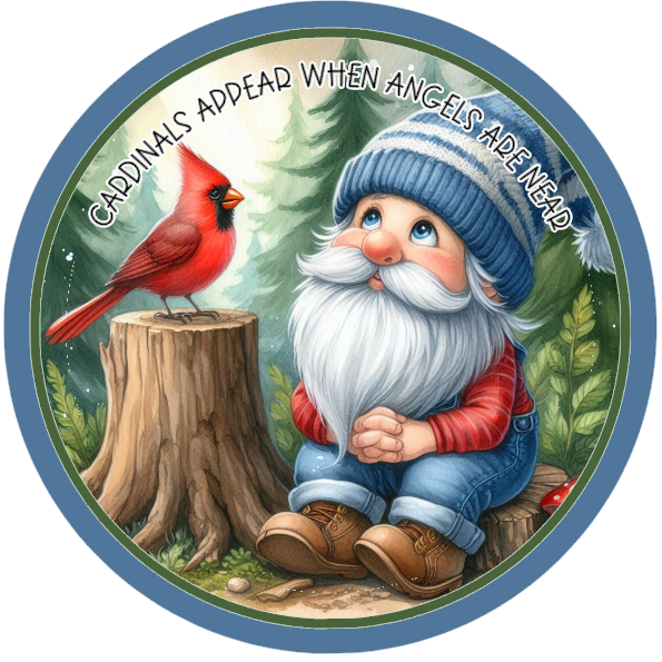 Gnome and cardinal, cardinals appear when angels are near text