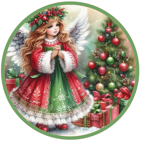 Angel holding a wreath and surrounded by Christmas decorations on a white background.