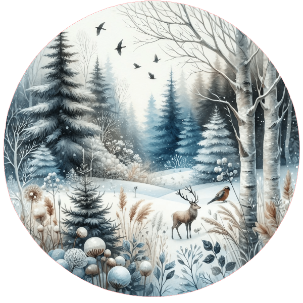 Winter forest scene featuring deer, trees, and birds on a white background.