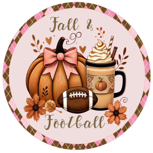 Pumpkins, coffee cup, football, and text 'Fall is Football'