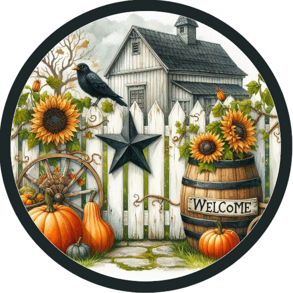 Country scene featuring a house, sunflowers, pumpkins, and a barrel.