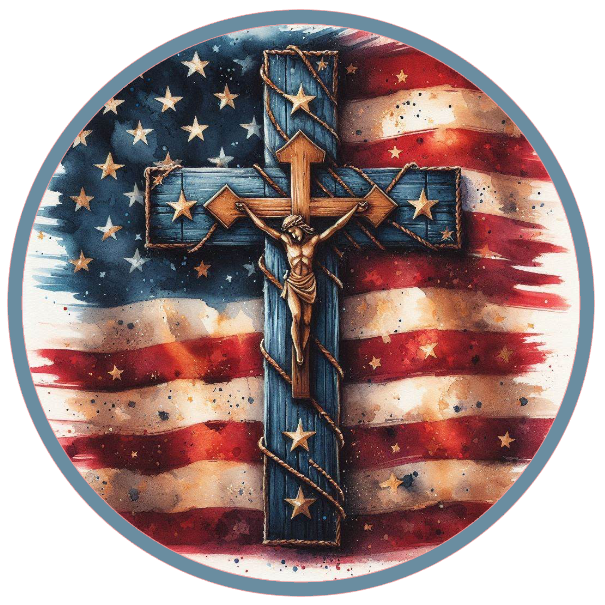 American flag and crucifixion scene