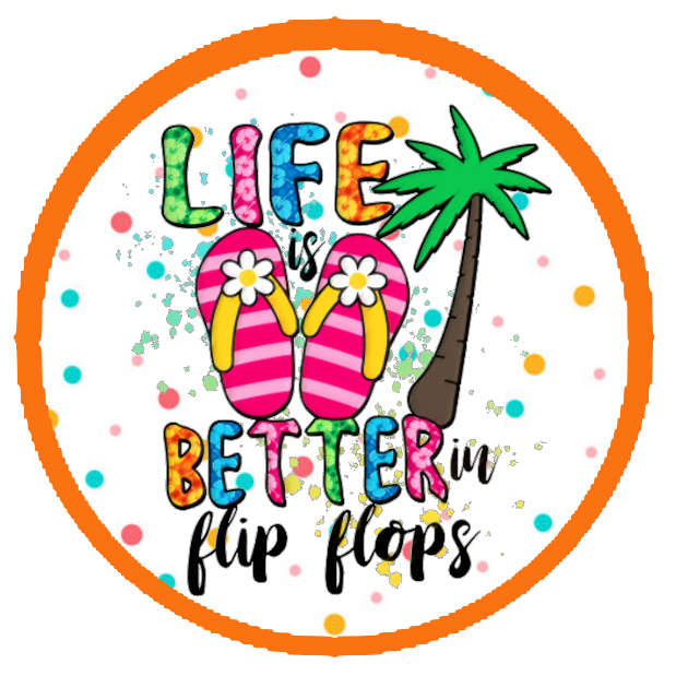 Flip flops, palm tree, and text 'Life is better in flip flops'