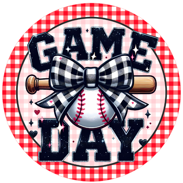 'Game Day' design with checkered border, baseball, and bow tie