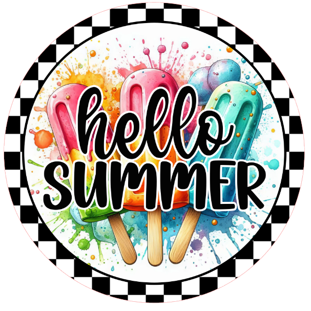 'Hello summer' text and colorful ice cream graphics