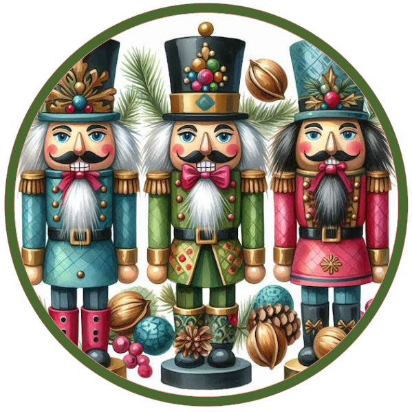 Three colorful nutcrackers in a circular frame on a white background