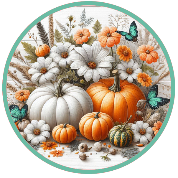 Pumpkins, flowers, and butterflies