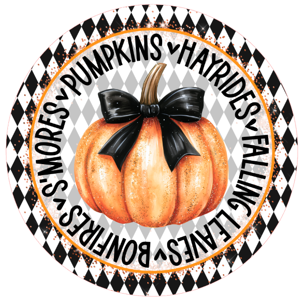 Pumpkin with a black bow surrounded by autumn-themed text