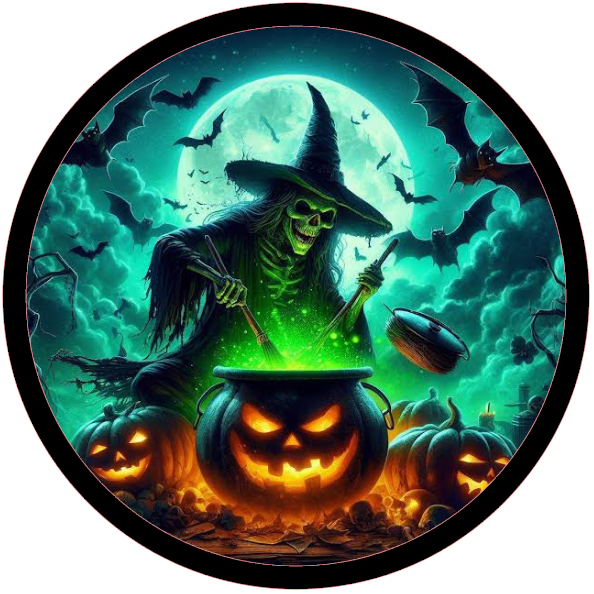 Halloween theme witch, pumpkin, and bats with a cauldron