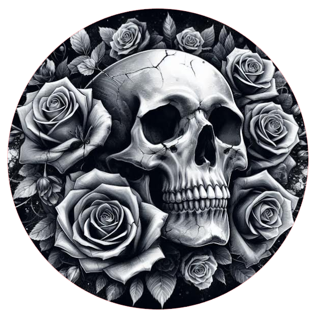 Skull surrounded by white roses