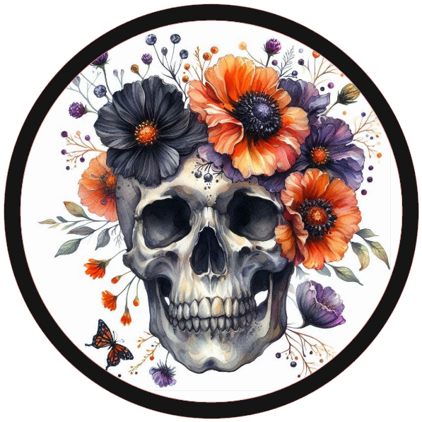 Skull surrounded by colorful flowers