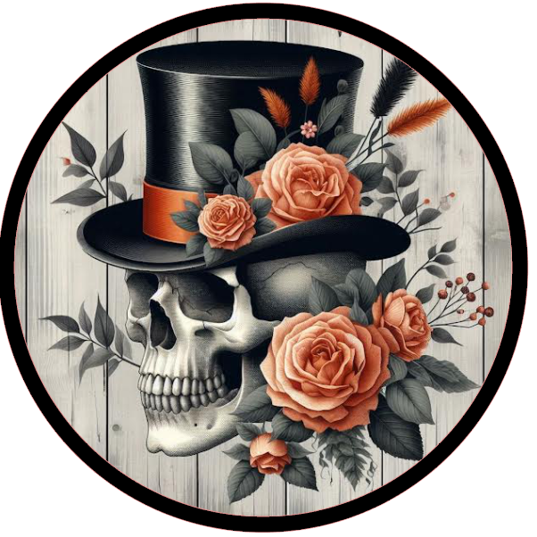 Skull wearing a top hat with roses
