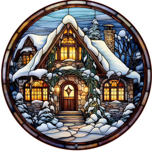 Snowy cabin scene on a white background