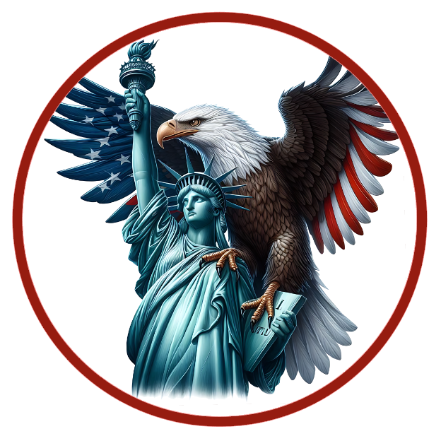 Eagle and the statue of liberty holding a flag