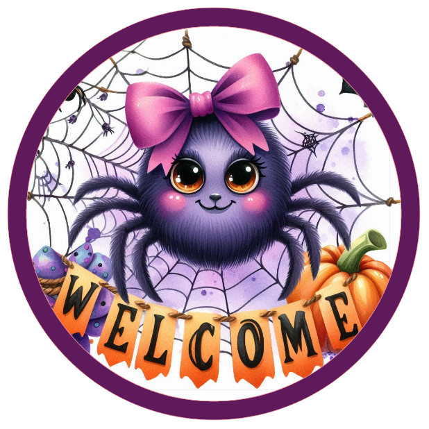 Halloween themed spider, bow, and pumpkin with 'Welcome' text