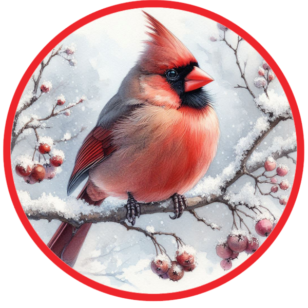 Cardinal bird on a branch with berries in a snowy background