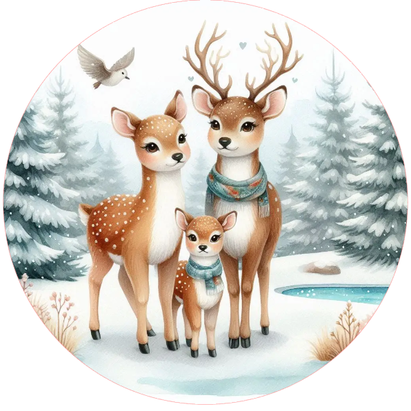 Family of deer in a snowy landscape with trees and water.