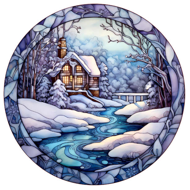Winter scene with a cabin, snow-covered trees, and a river in a circular frame.
