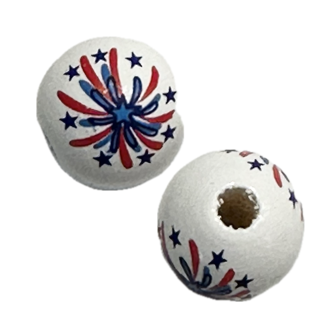 Decorative beads with with red, blue, and firework designs for crafting and wreath making.