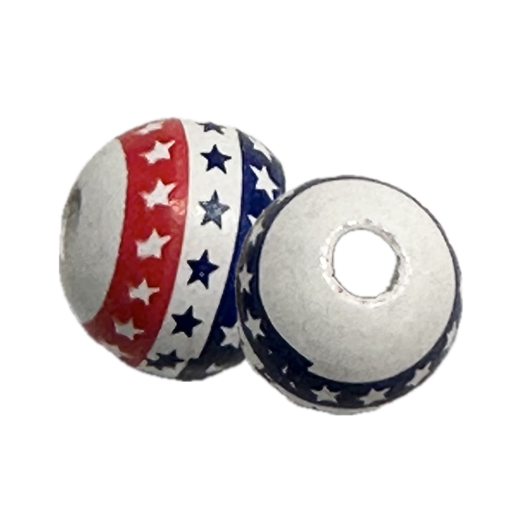 Two beads with American flag design for crafting and wreath making.