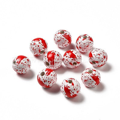 Red and white blood spatter painted wooden beads for crafting and wreath making.