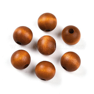 Brown painted round wooden beads with tan ring pattern for crafting and wreath making.