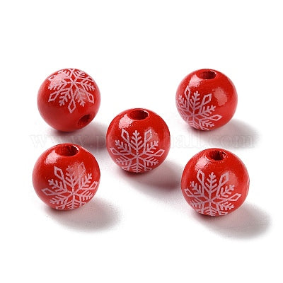 Painted red and white snowflake wooden beads for crafting and wreath making