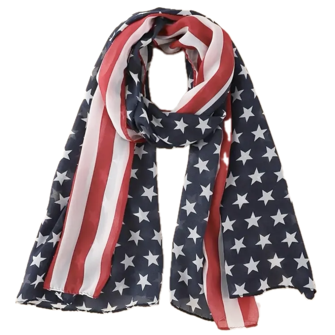 American flag patterned chiffon scarf on a white background