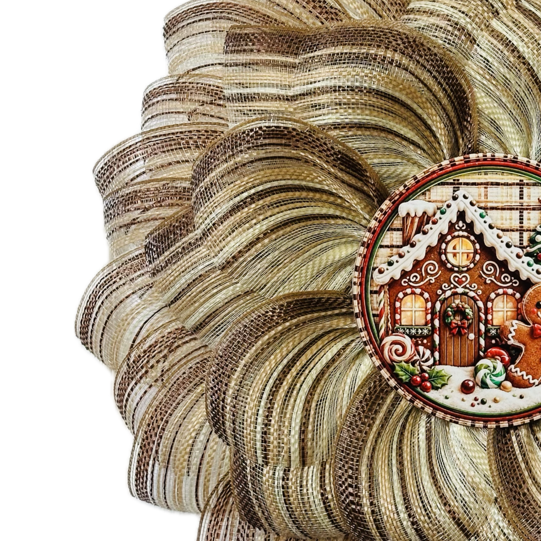 Warm tan, creme and brown tone deco mesh flower wreath featuring a 3D gingerbread house and cookie center for Christmas by Monkey's Creations.