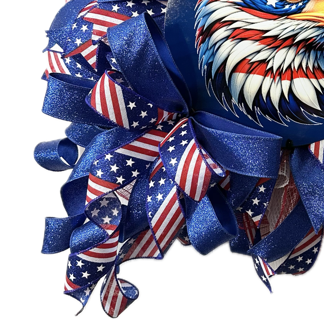 Patriotic wreath with American flag ribbons and a stars and stripes themed eagle wreath sign by Monkey's Creations