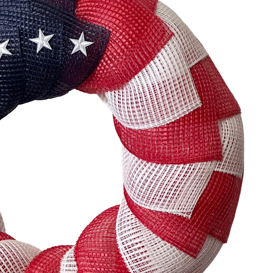 Red white and blue American flag themed wreath with white stars designed by Monkey's Creations