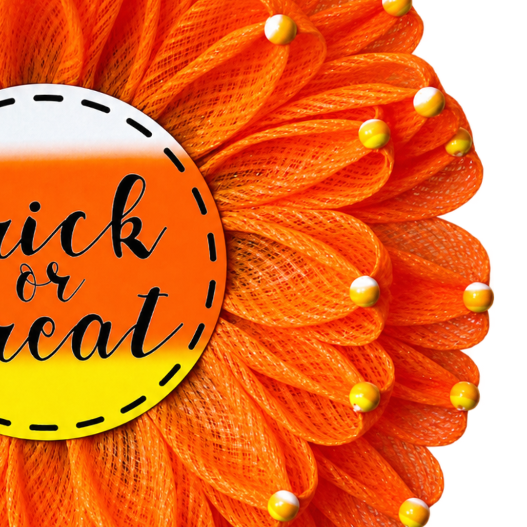 Halloween and candy corn inspired orange, yellow and white deco mesh flower wreath with a trick or treat metal wreath center and wood beaded flower accents by Monkey's Creations.