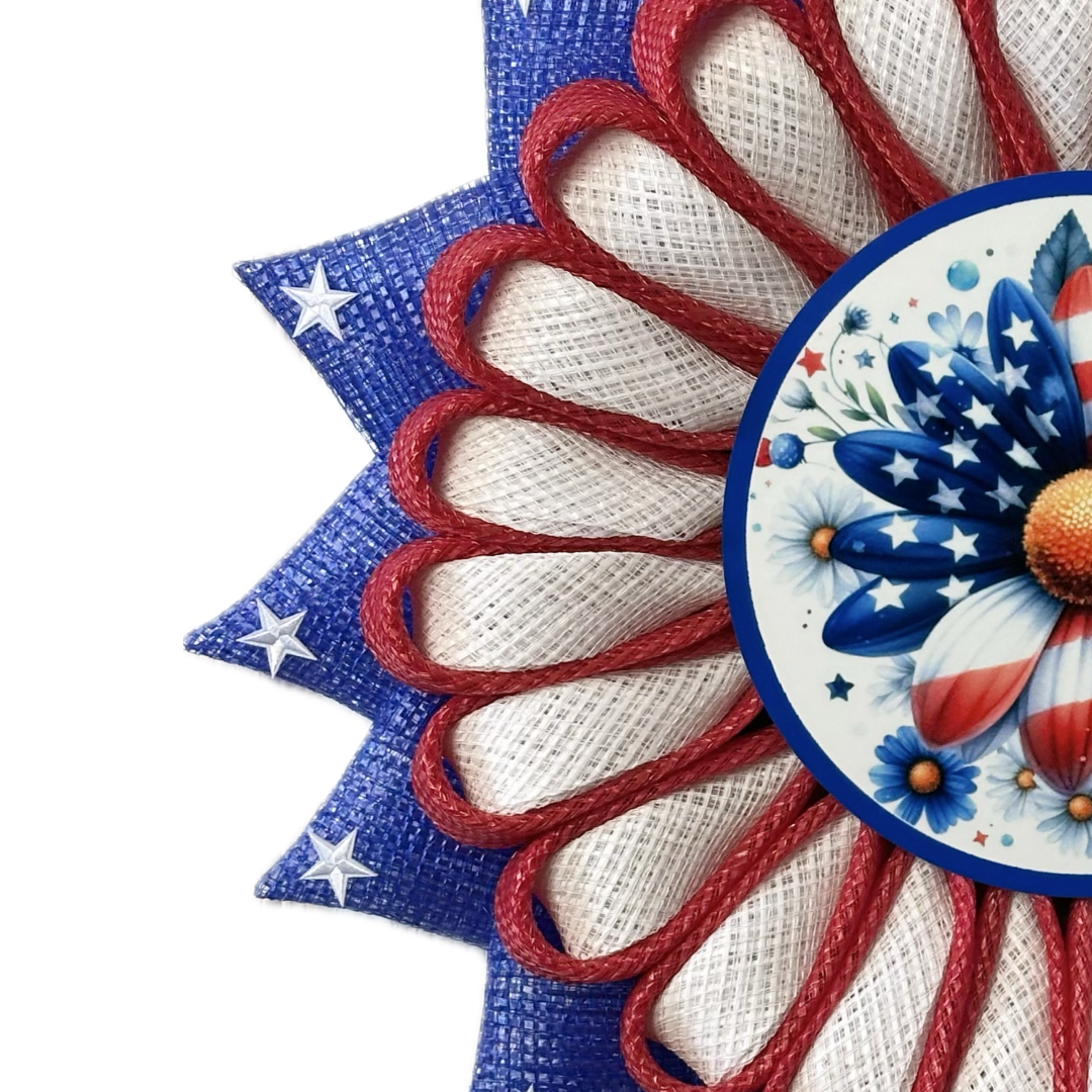 Stars and Stripes inspired flag flower wreath designed by Monkey's Creations with a daisy flower metal wreath sign as the center