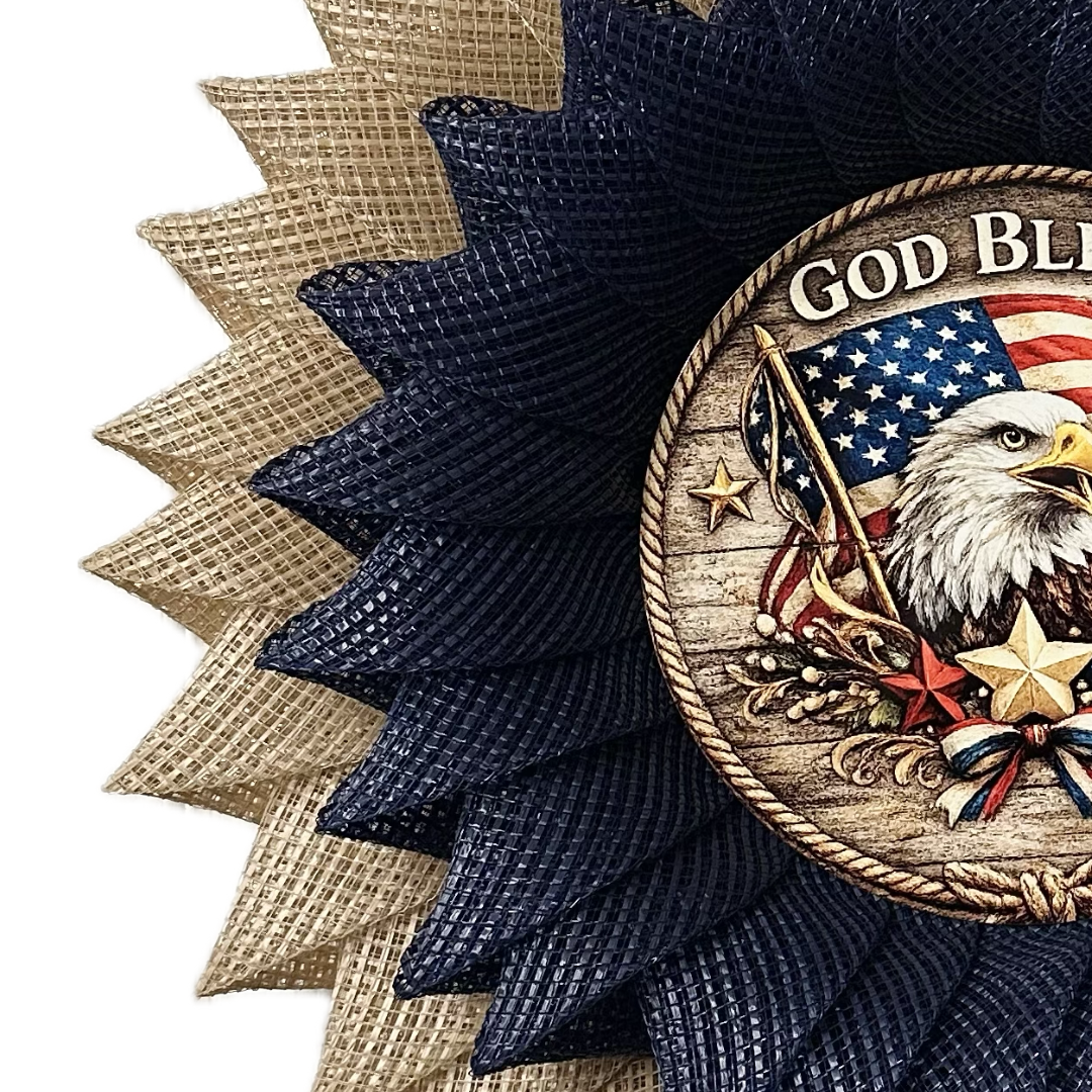 Patriotic God bless America deco mesh wreath by Monkey's Creations branding.