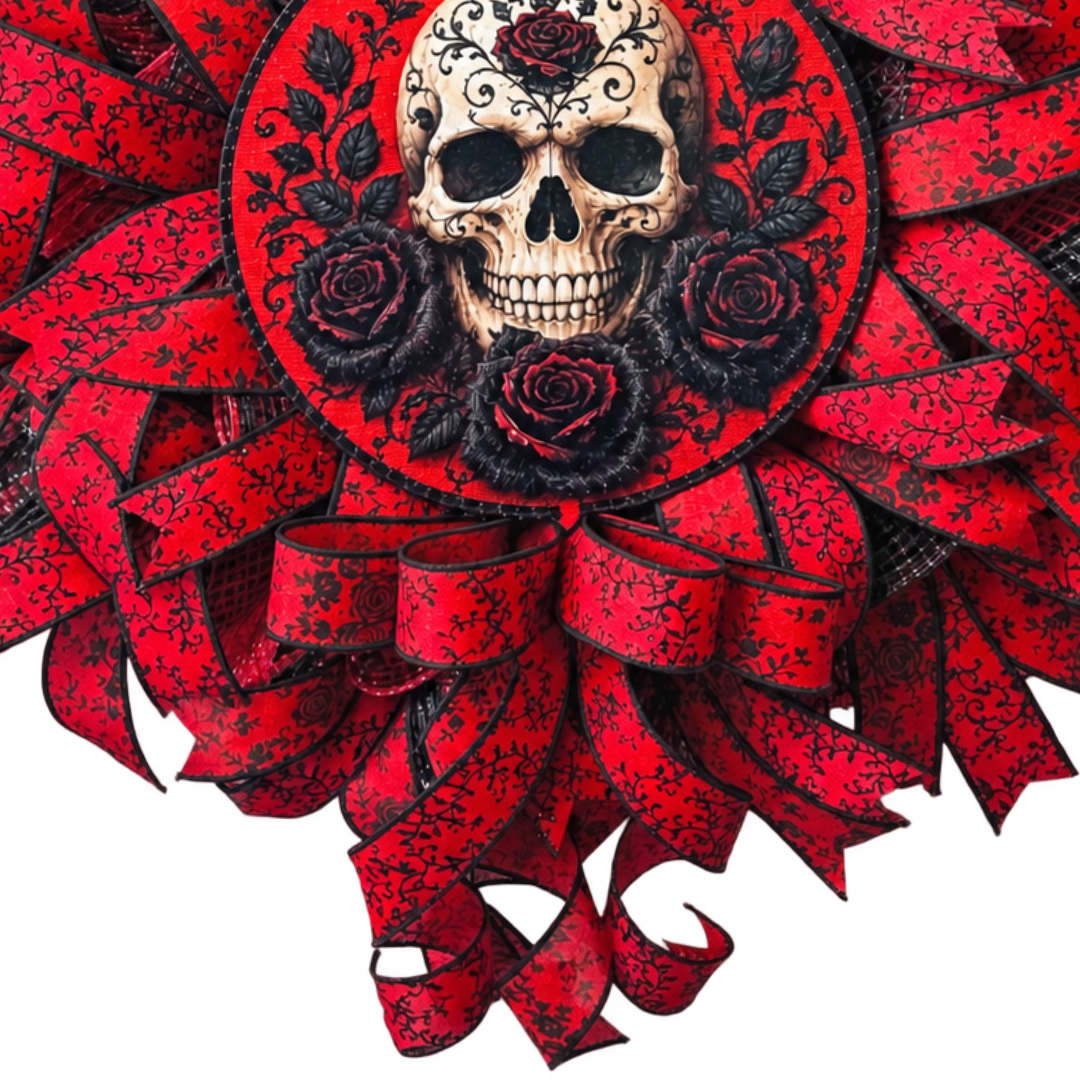 A gothic-style skull and roses deco mesh and ribbon wreath featuring a skull surrounded by red and black roses by Monkey's Creations