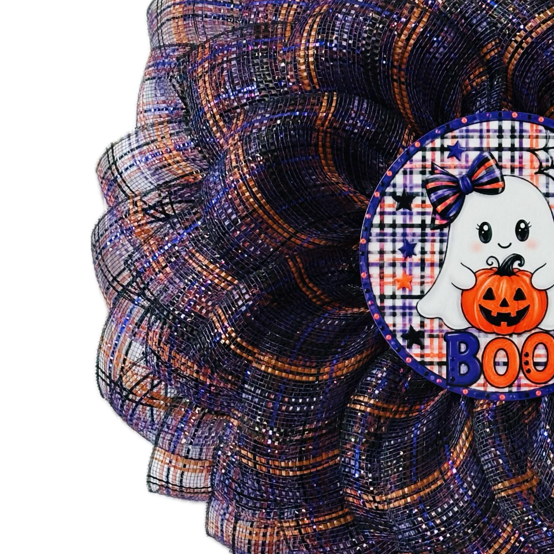Purple, orange and black deco mesh flower wreath featuring a cutesy ghost center with "BOO" for Halloween by Monkey's Creations.