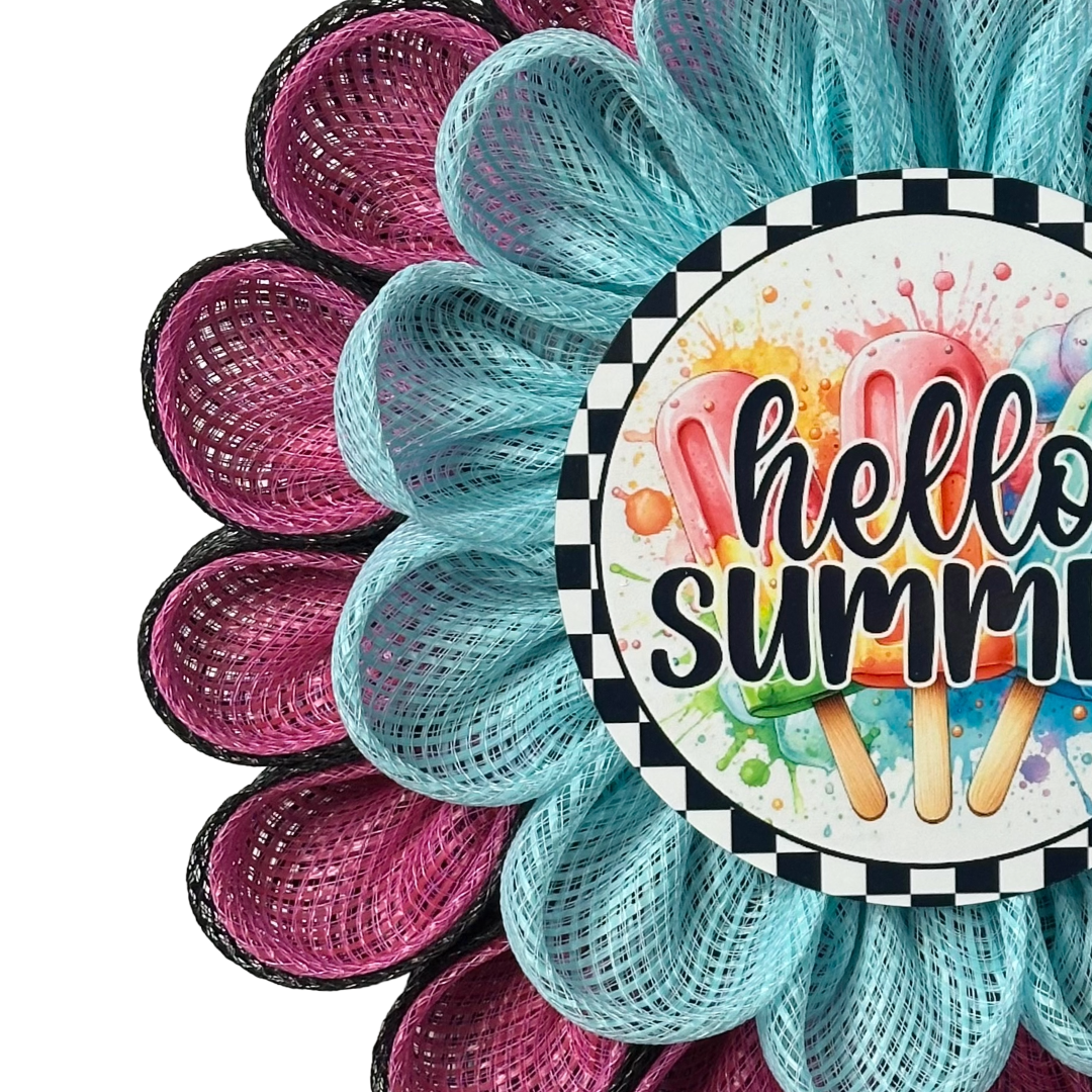 Decorative flower wreath with 'hello summer' text and popsicles by Monkey's Creations