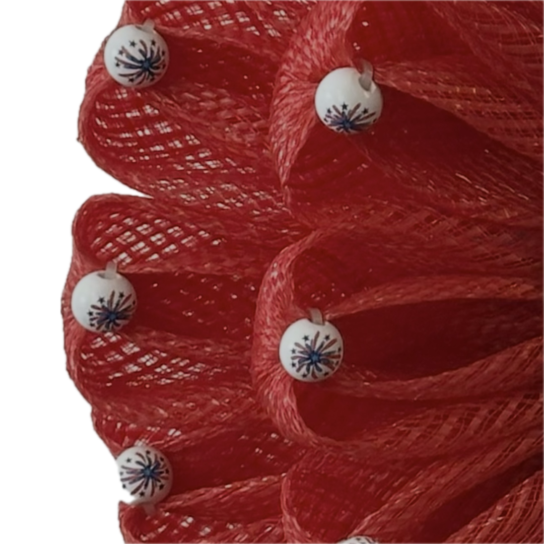 Red deco mesh and firework wood beads