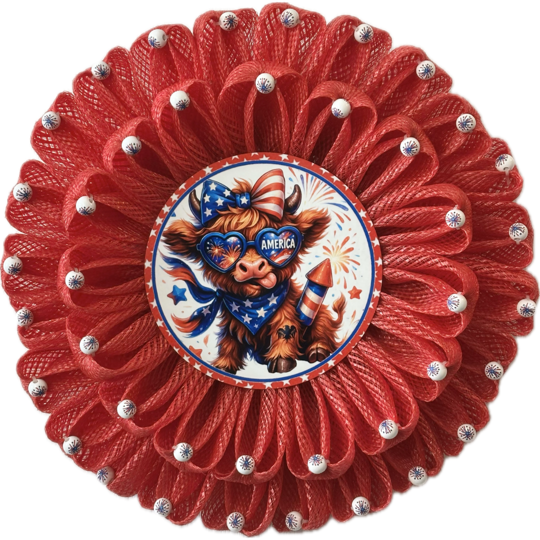 Highland cow and USA flag themed wreath