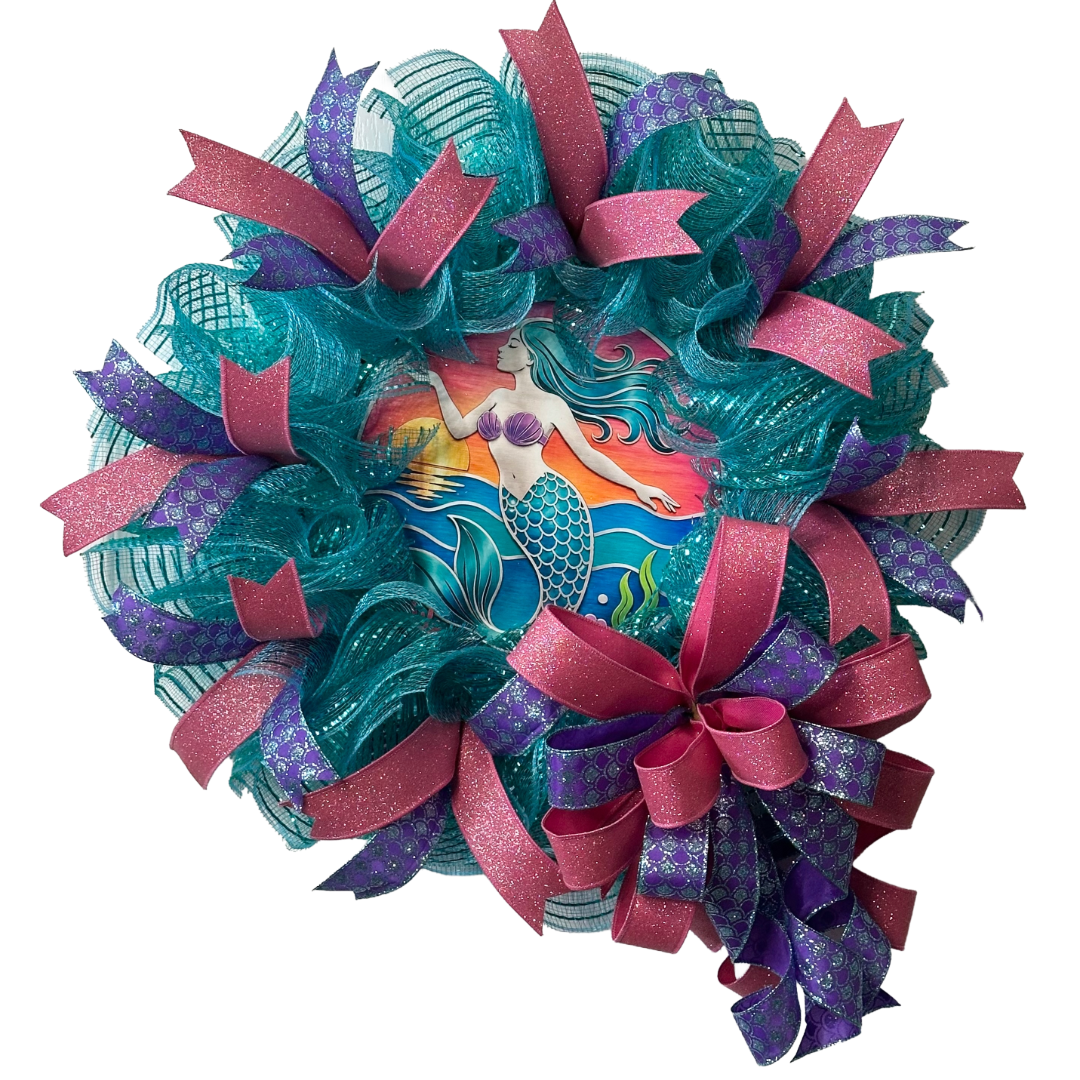 Mermaid Ocean Sunset - Deco Mesh and Ribbon Wreath – Monkey's