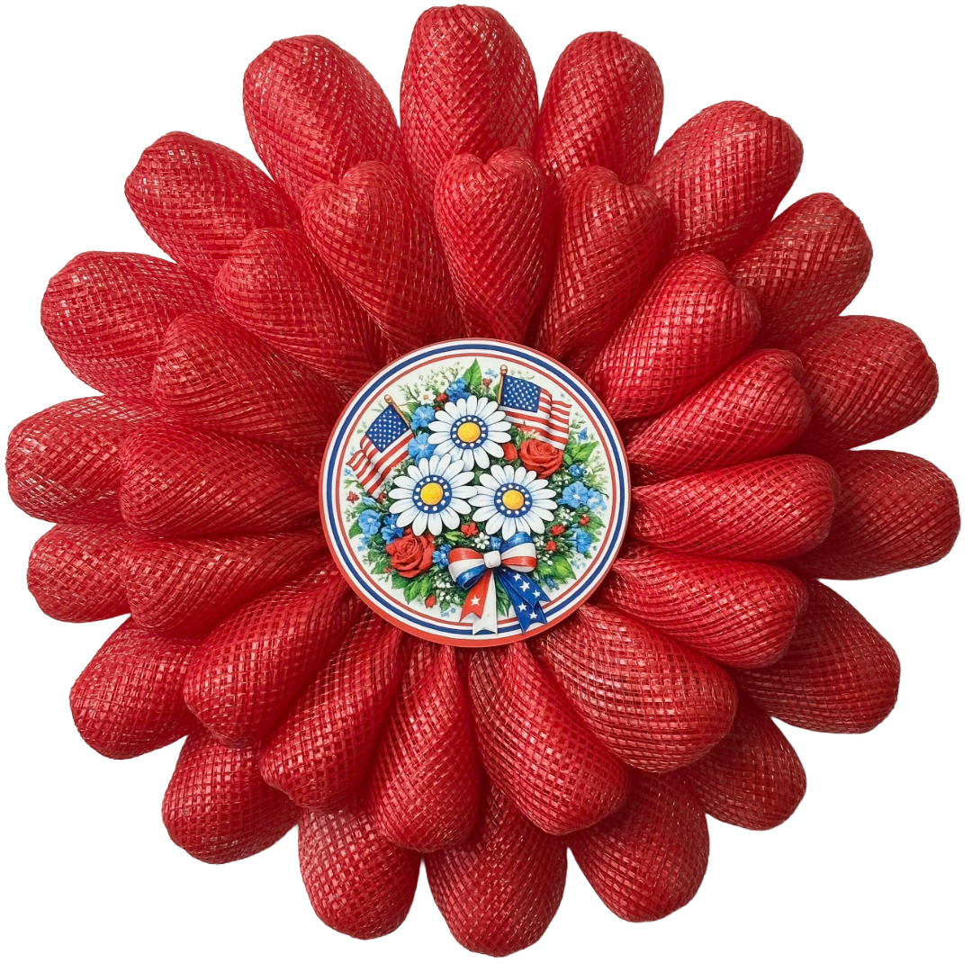 Potted red daisy flower wreath with US flags and flowers metal wreath sign center