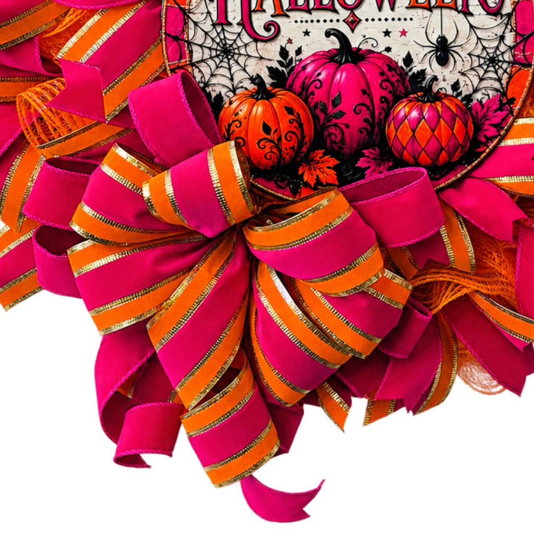 Fuchsia and orange deco mesh and ribbon "Happy Halloween" Wreath featuring a pumpkin themed center by Monkey's Creations.