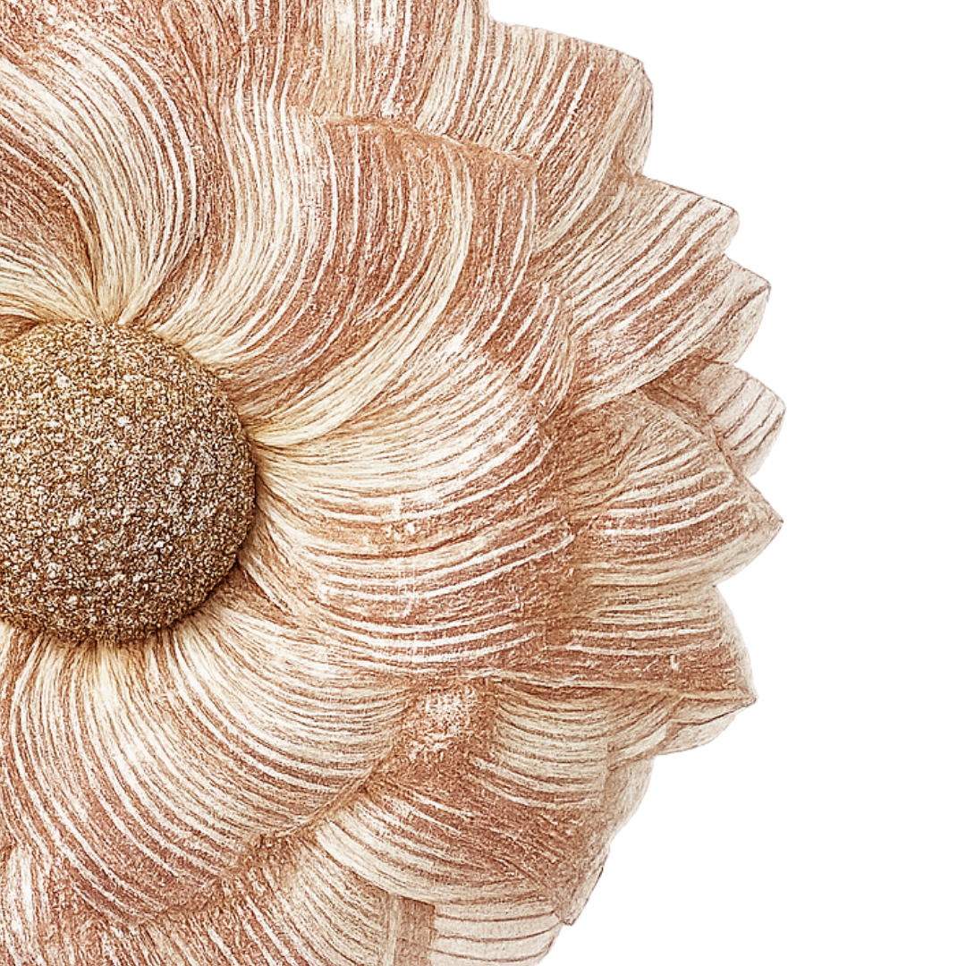 A large rose gold deco mesh flower wreath with layered petals in a rose gold tone, surrounding a glittery gold center by Monkey's Creations.