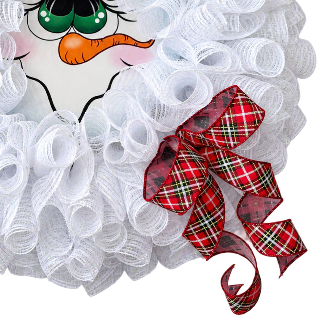 Deco mesh snowman character wreath by Monkey's Creations featuring white deco mesh, a felt top hat accented with holly berries and leaves and a argyle plaid bow.